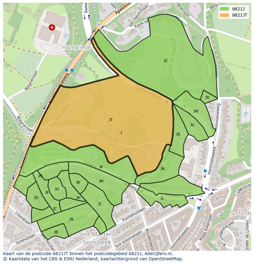 Afbeelding van het postcodegebied 6821 JT op de kaart.