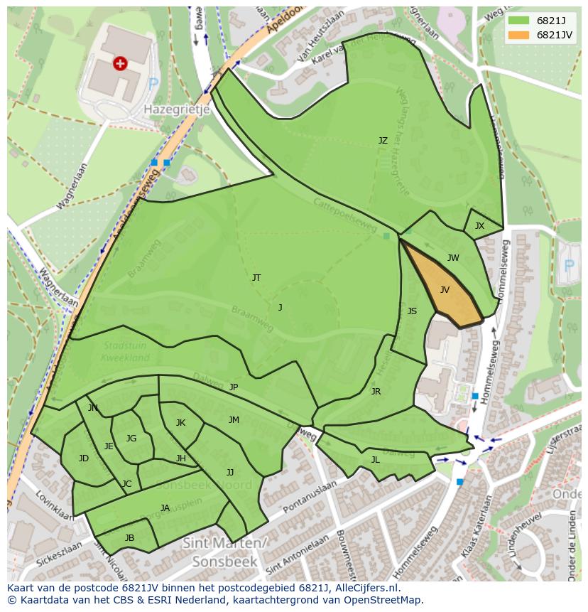 Afbeelding van het postcodegebied 6821 JV op de kaart.