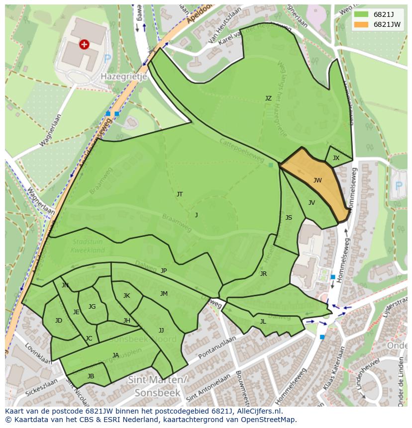 Afbeelding van het postcodegebied 6821 JW op de kaart.