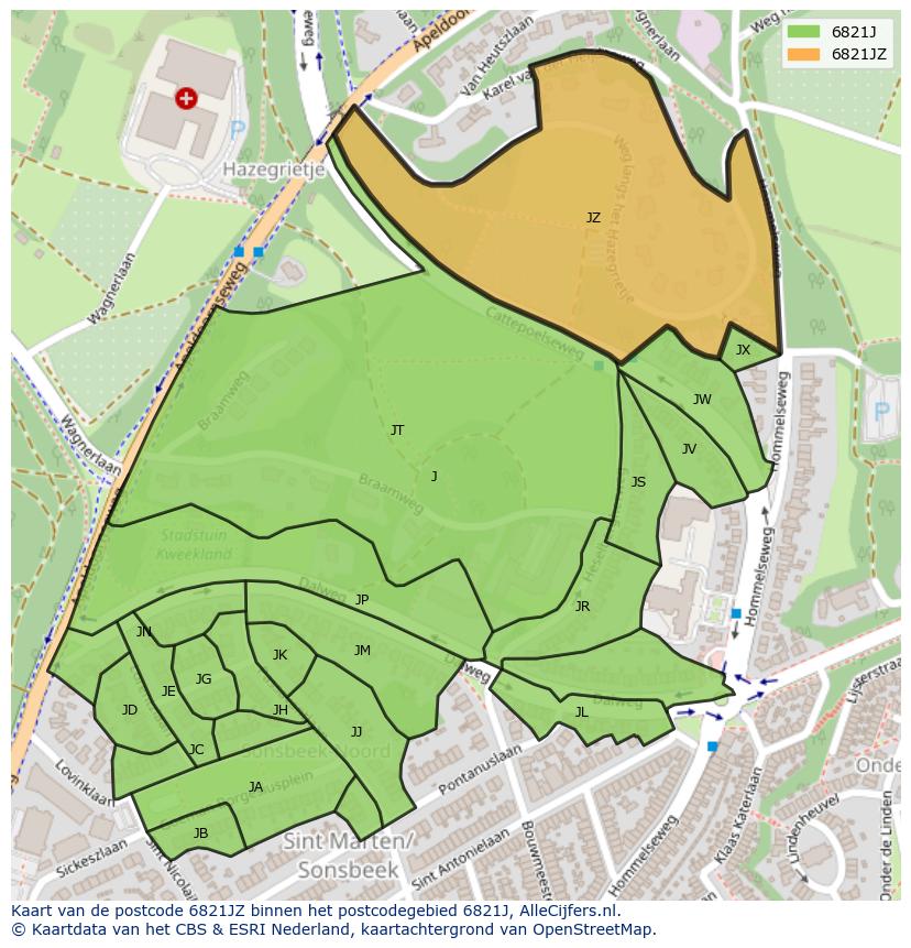 Afbeelding van het postcodegebied 6821 JZ op de kaart.