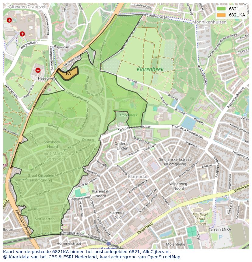 Afbeelding van het postcodegebied 6821 KA op de kaart.