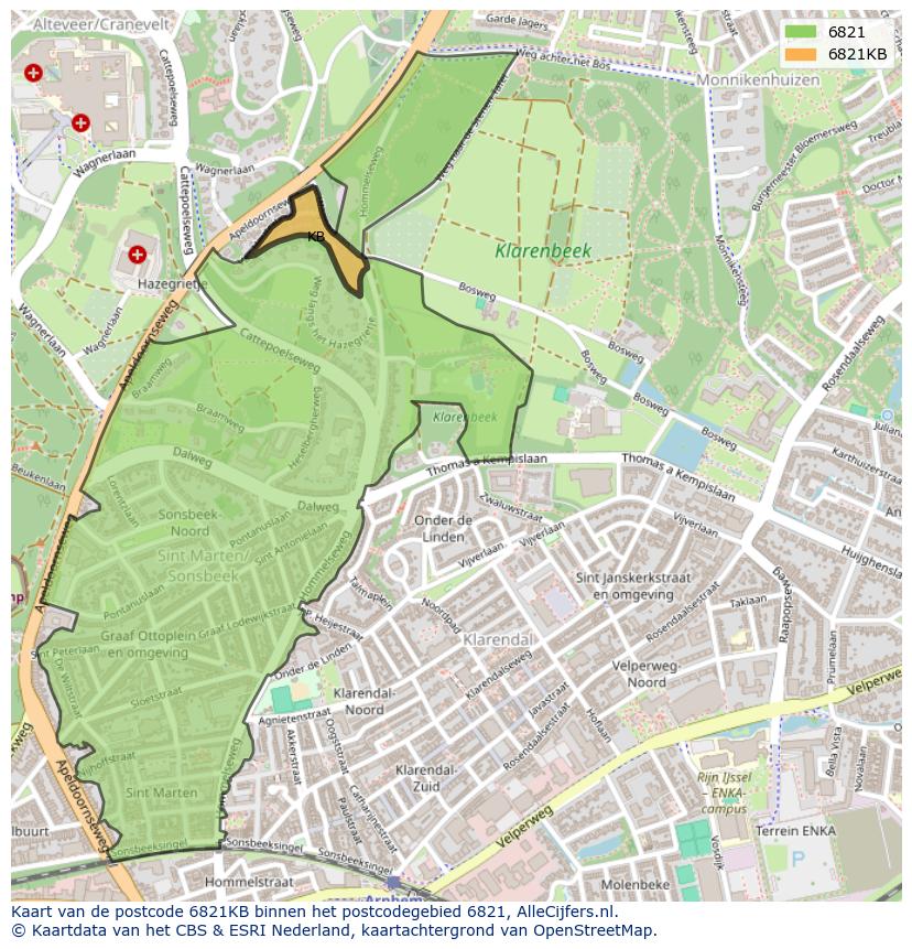 Afbeelding van het postcodegebied 6821 KB op de kaart.