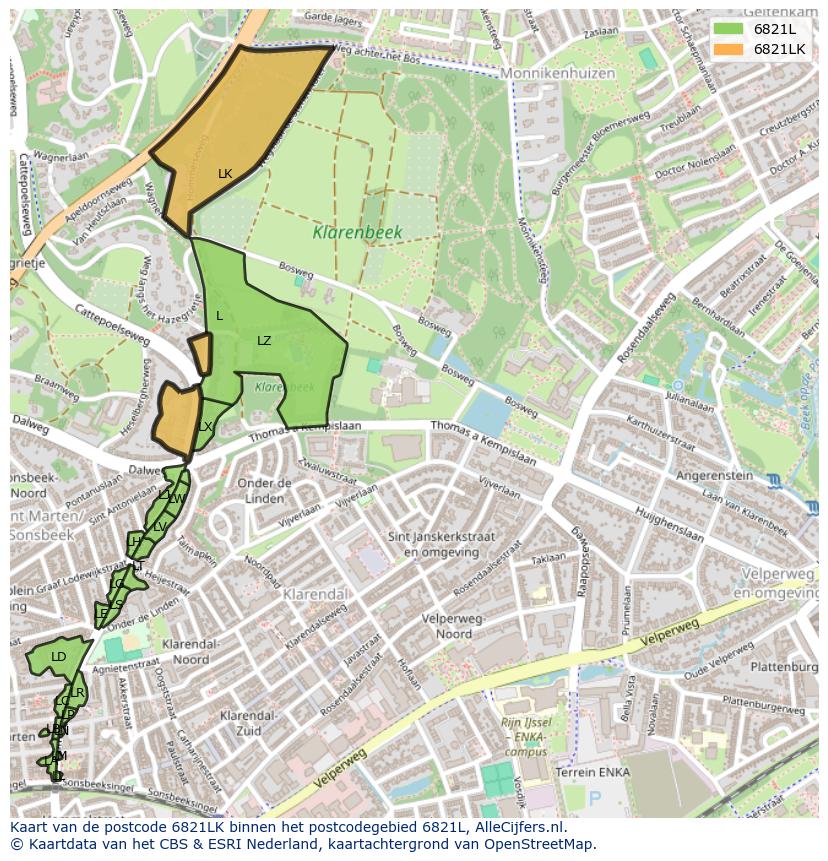 Afbeelding van het postcodegebied 6821 LK op de kaart.