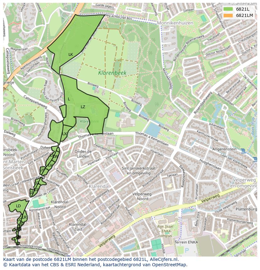 Afbeelding van het postcodegebied 6821 LM op de kaart.