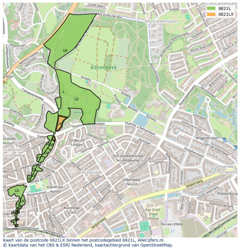 Afbeelding van het postcodegebied 6821 LX op de kaart.