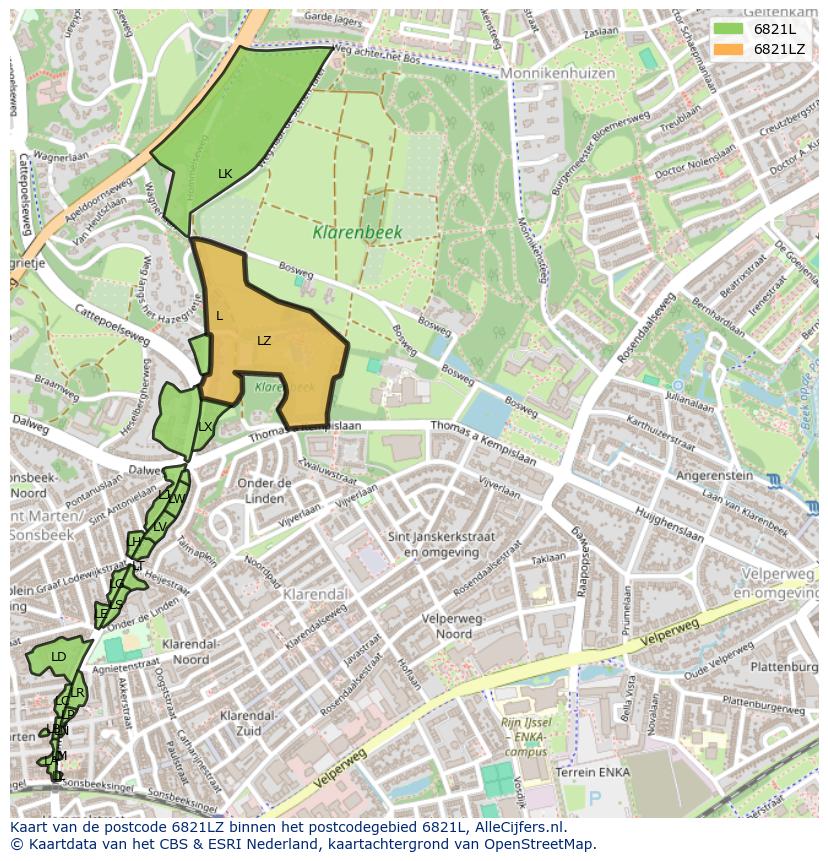 Afbeelding van het postcodegebied 6821 LZ op de kaart.