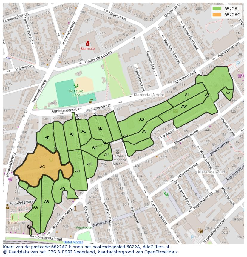 Afbeelding van het postcodegebied 6822 AC op de kaart.