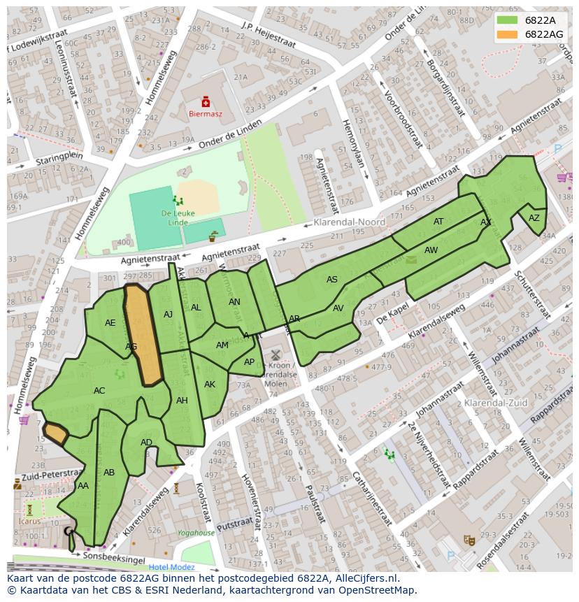 Afbeelding van het postcodegebied 6822 AG op de kaart.