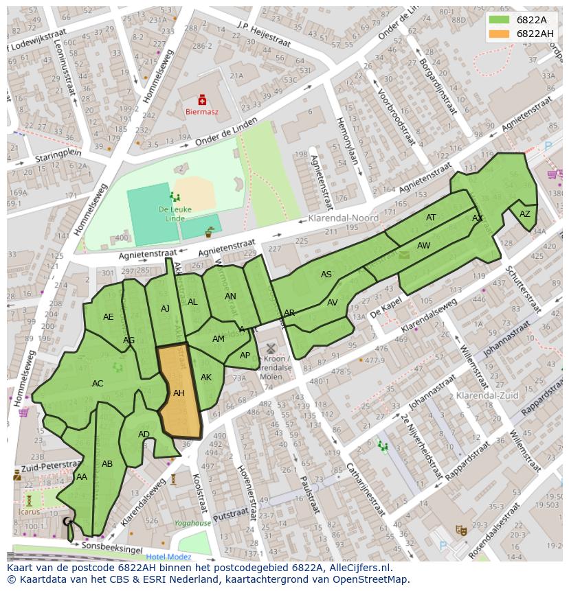 Afbeelding van het postcodegebied 6822 AH op de kaart.