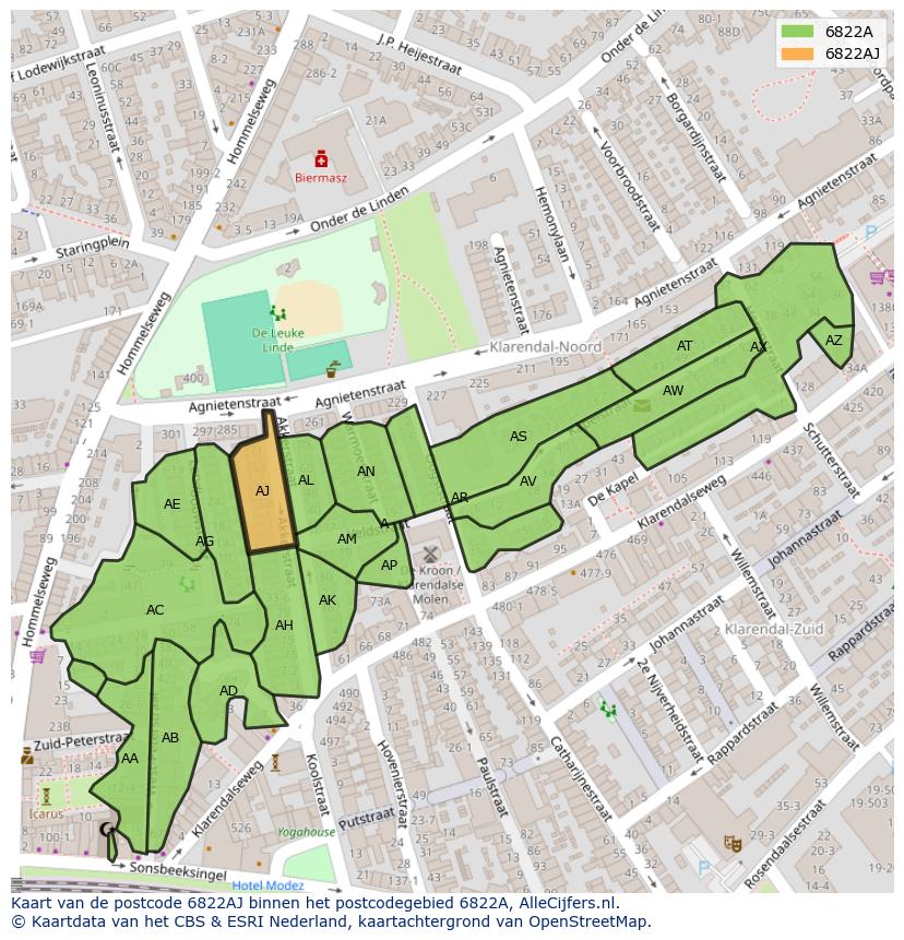 Afbeelding van het postcodegebied 6822 AJ op de kaart.