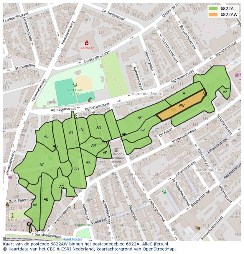 Afbeelding van het postcodegebied 6822 AW op de kaart.