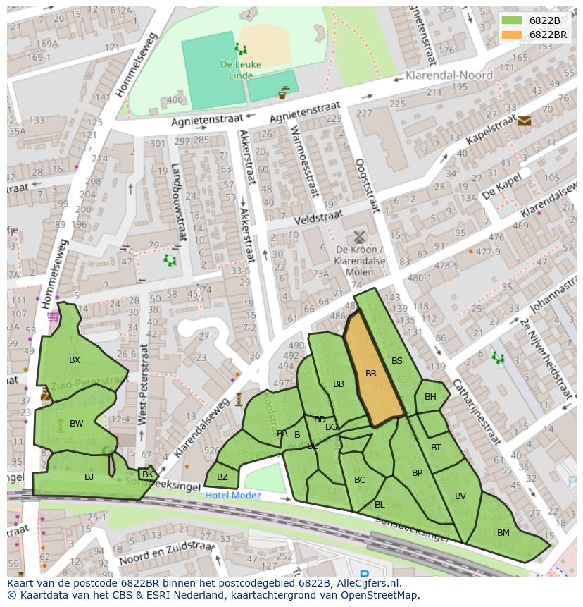 Afbeelding van het postcodegebied 6822 BR op de kaart.