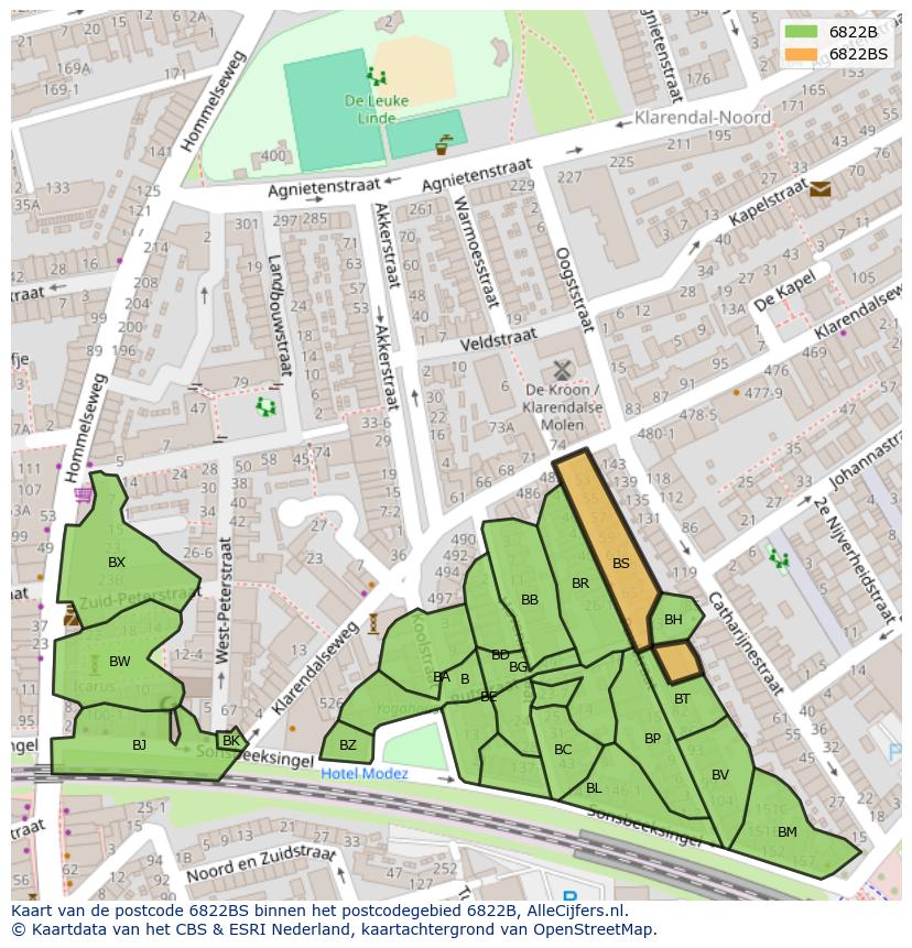 Afbeelding van het postcodegebied 6822 BS op de kaart.