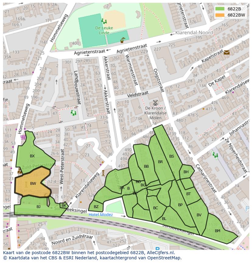 Afbeelding van het postcodegebied 6822 BW op de kaart.