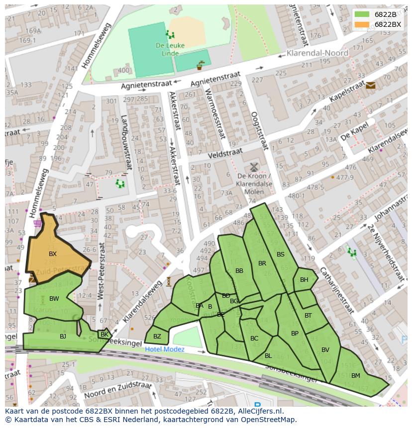 Afbeelding van het postcodegebied 6822 BX op de kaart.