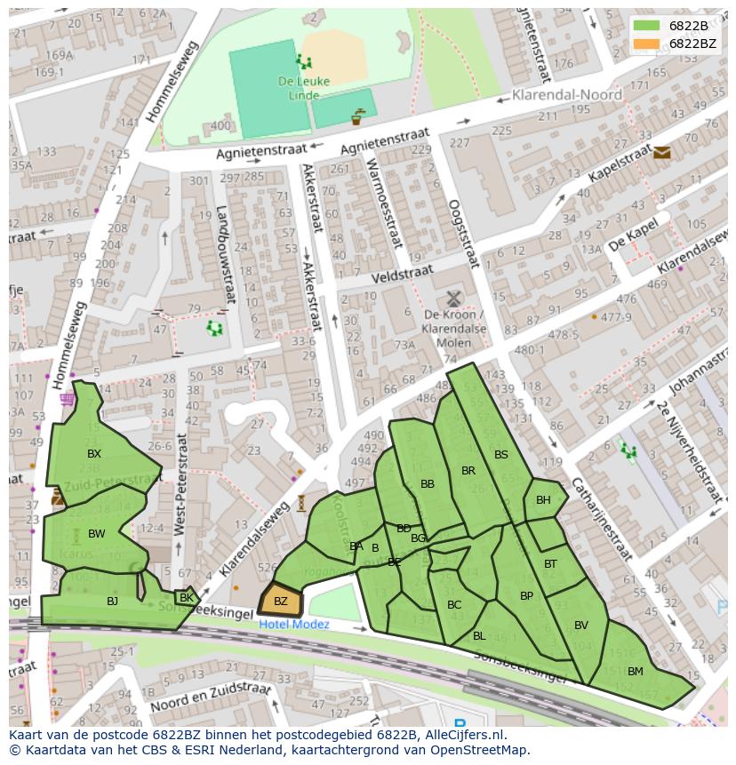 Afbeelding van het postcodegebied 6822 BZ op de kaart.