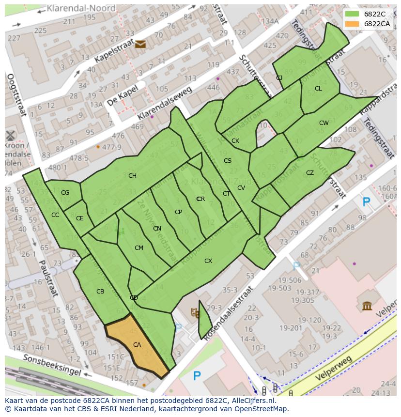 Afbeelding van het postcodegebied 6822 CA op de kaart.