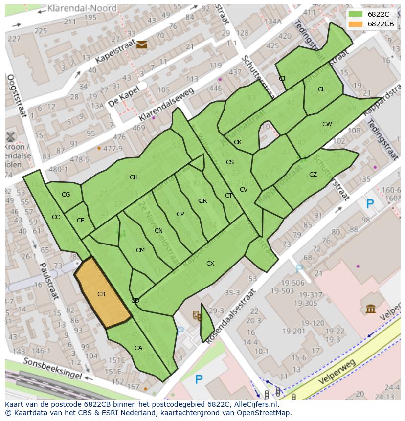 Afbeelding van het postcodegebied 6822 CB op de kaart.