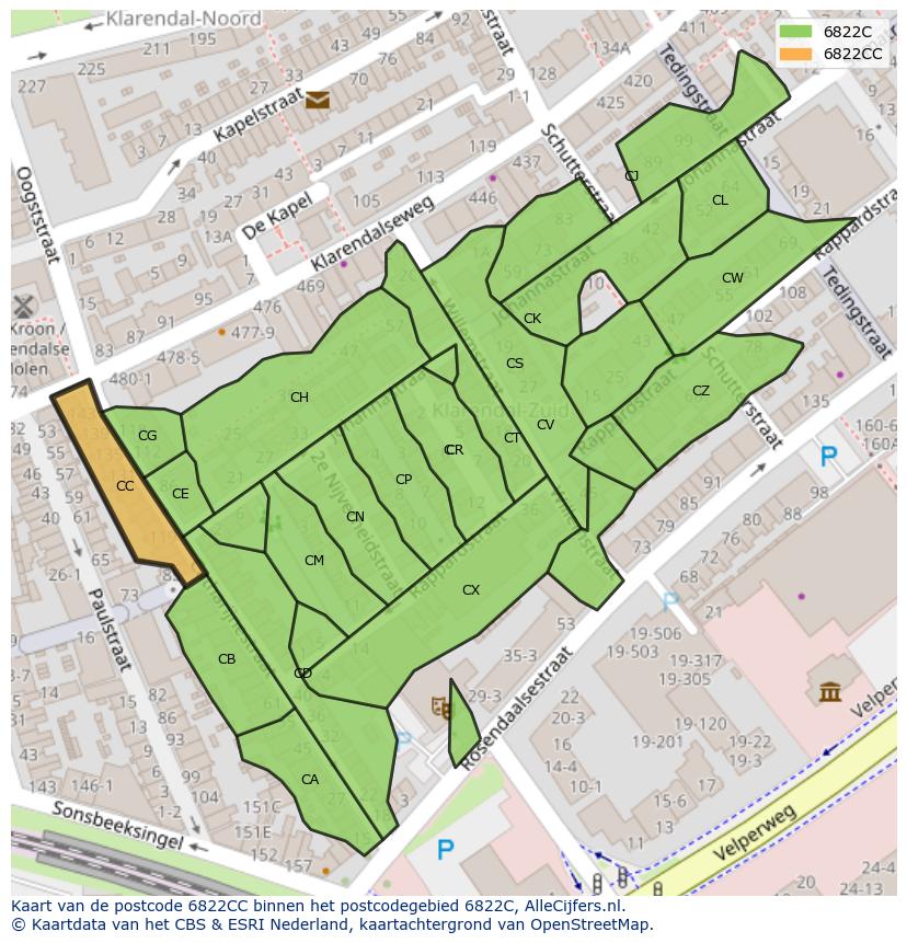 Afbeelding van het postcodegebied 6822 CC op de kaart.