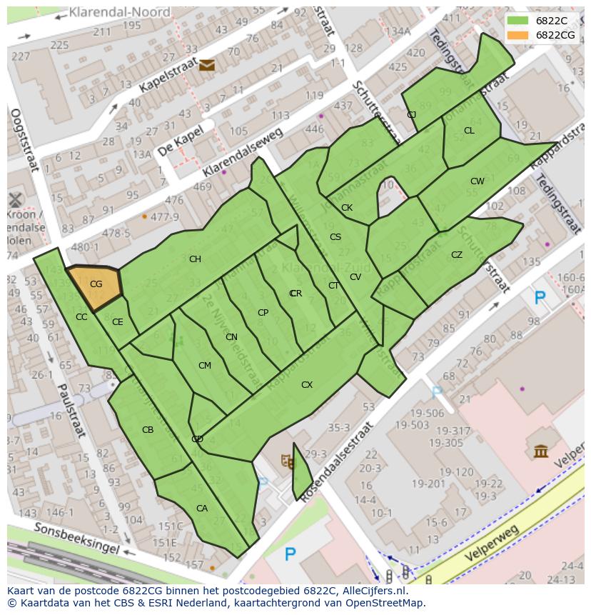 Afbeelding van het postcodegebied 6822 CG op de kaart.