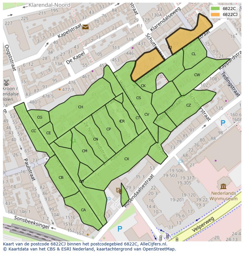 Afbeelding van het postcodegebied 6822 CJ op de kaart.