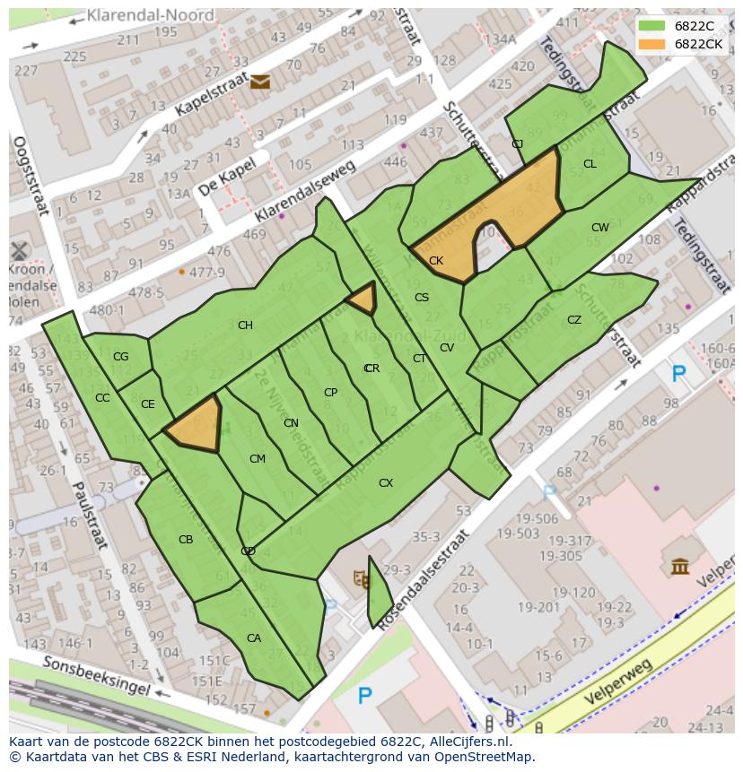 Afbeelding van het postcodegebied 6822 CK op de kaart.