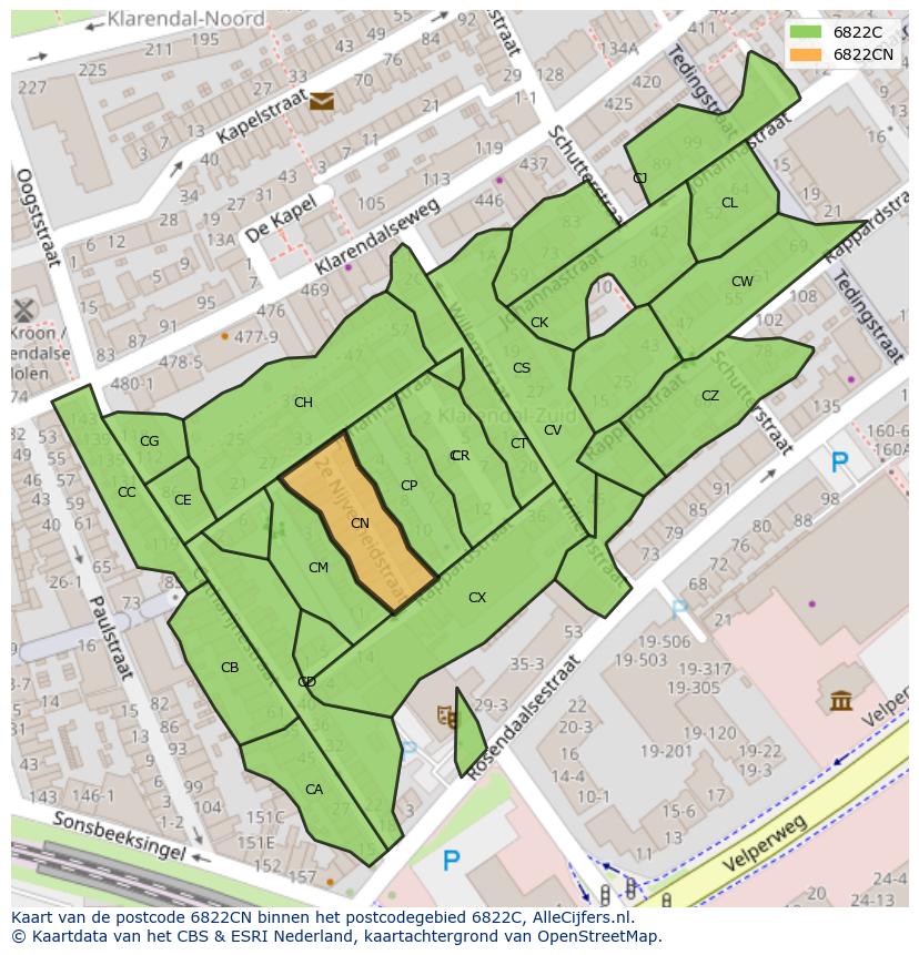Afbeelding van het postcodegebied 6822 CN op de kaart.