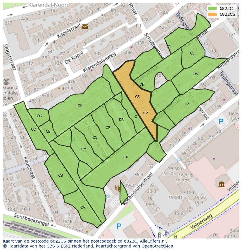 Afbeelding van het postcodegebied 6822 CS op de kaart.