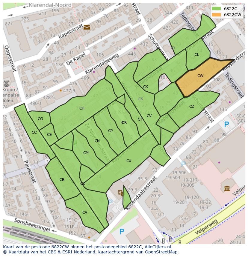 Afbeelding van het postcodegebied 6822 CW op de kaart.