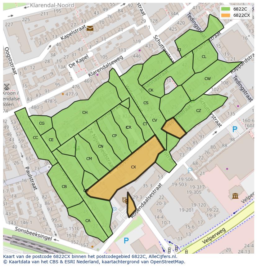 Afbeelding van het postcodegebied 6822 CX op de kaart.