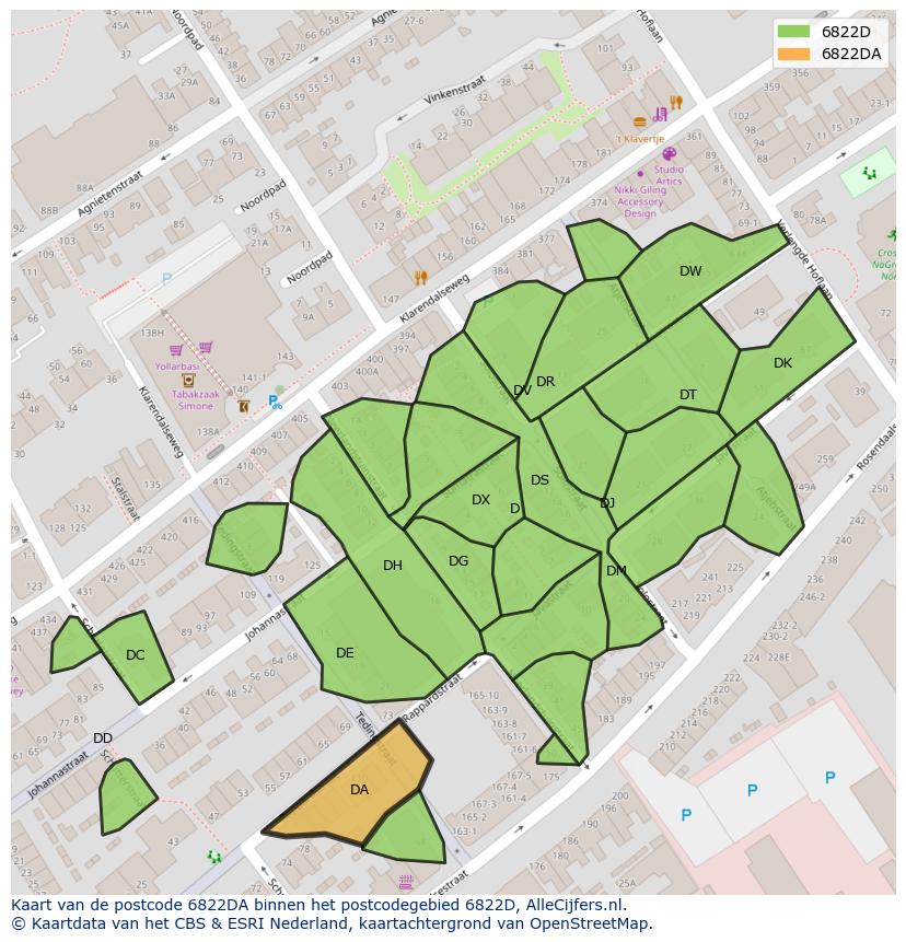 Afbeelding van het postcodegebied 6822 DA op de kaart.
