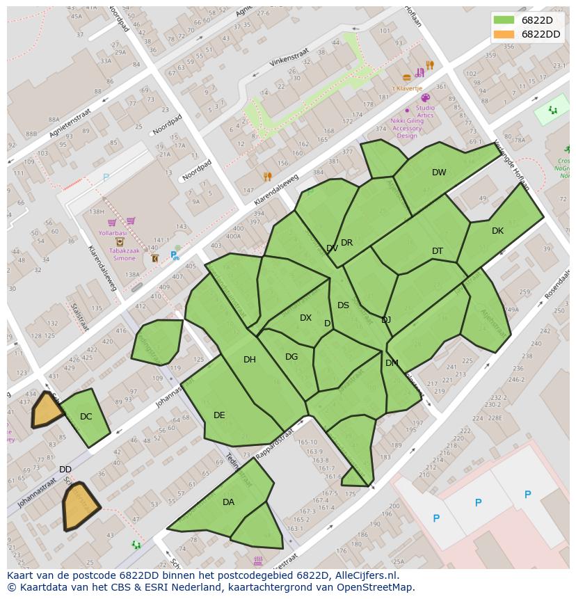 Afbeelding van het postcodegebied 6822 DD op de kaart.