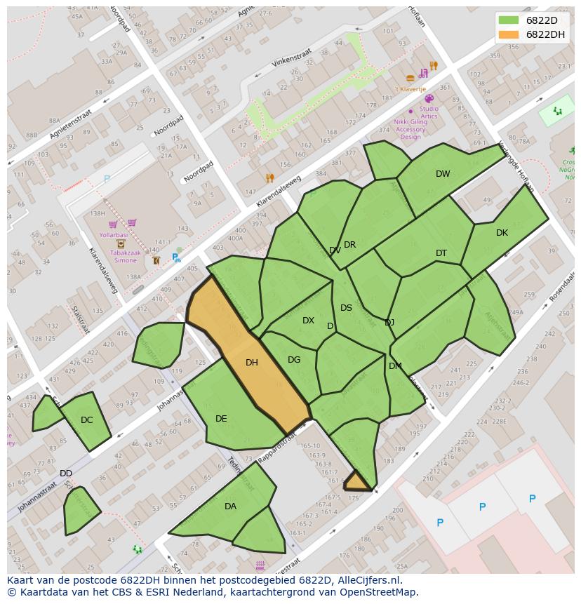 Afbeelding van het postcodegebied 6822 DH op de kaart.