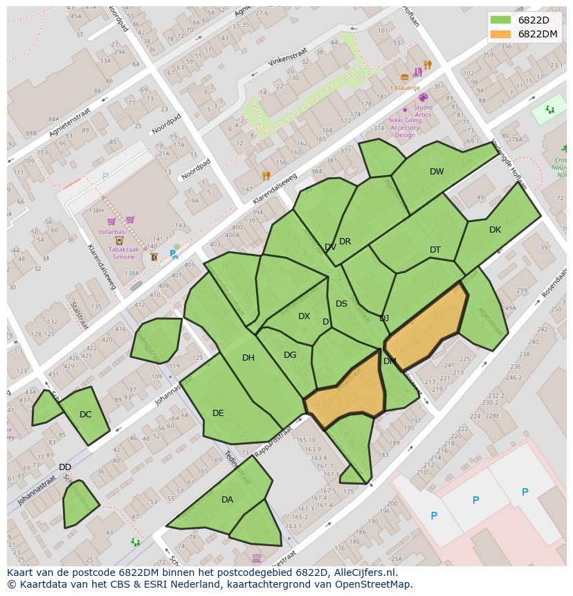 Afbeelding van het postcodegebied 6822 DM op de kaart.