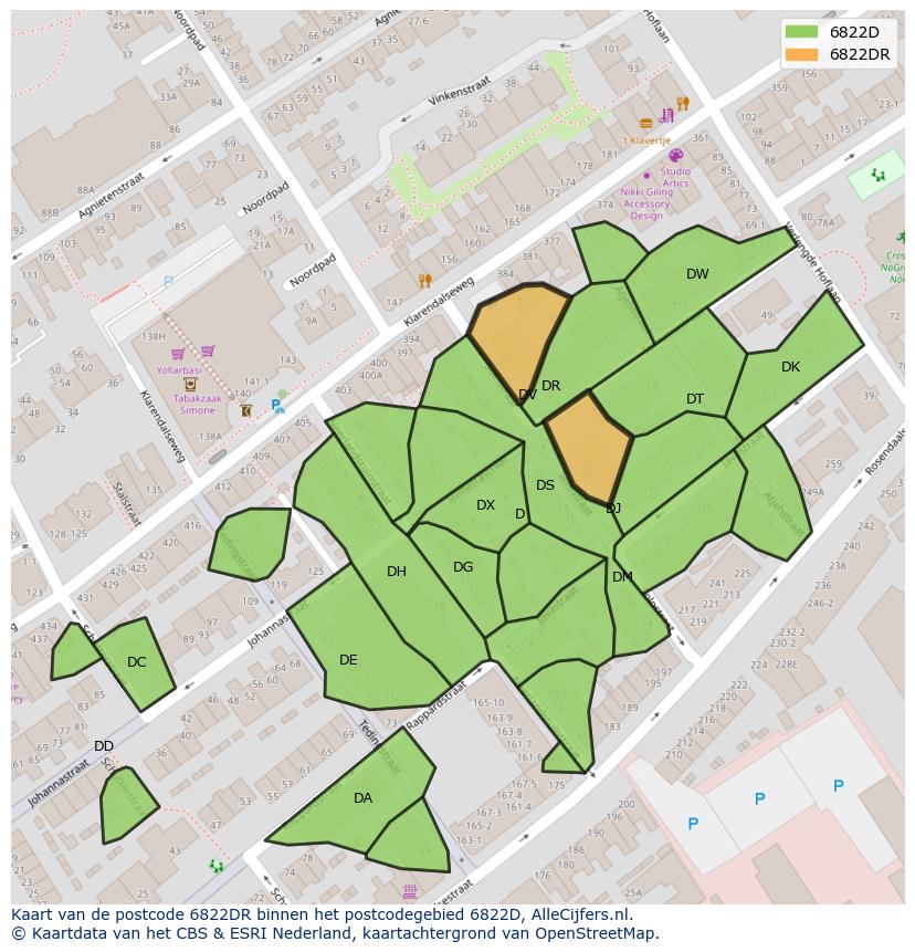 Afbeelding van het postcodegebied 6822 DR op de kaart.