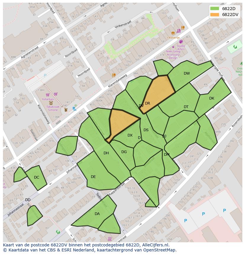 Afbeelding van het postcodegebied 6822 DV op de kaart.