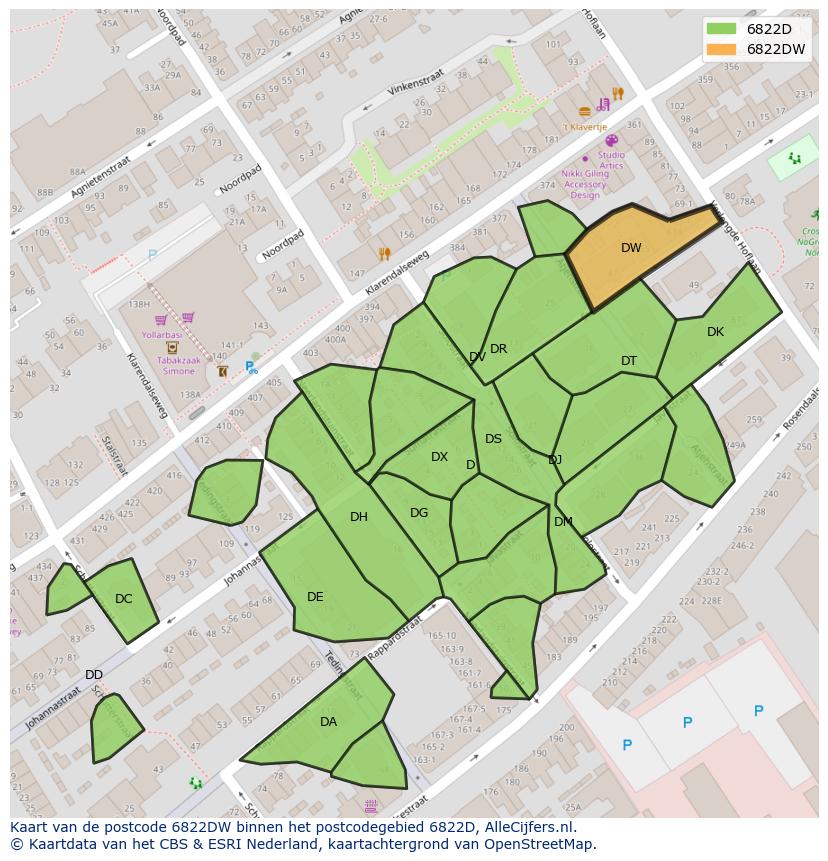 Afbeelding van het postcodegebied 6822 DW op de kaart.