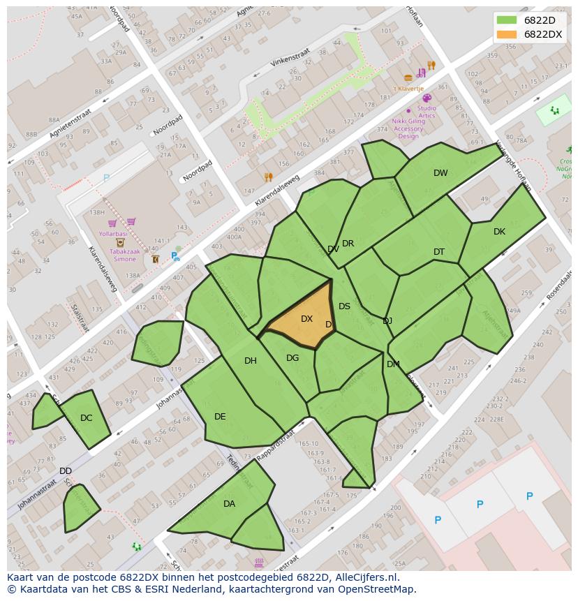 Afbeelding van het postcodegebied 6822 DX op de kaart.