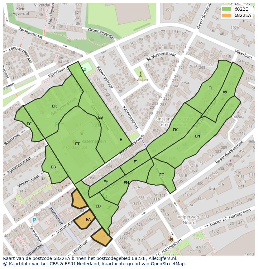 Afbeelding van het postcodegebied 6822 EA op de kaart.