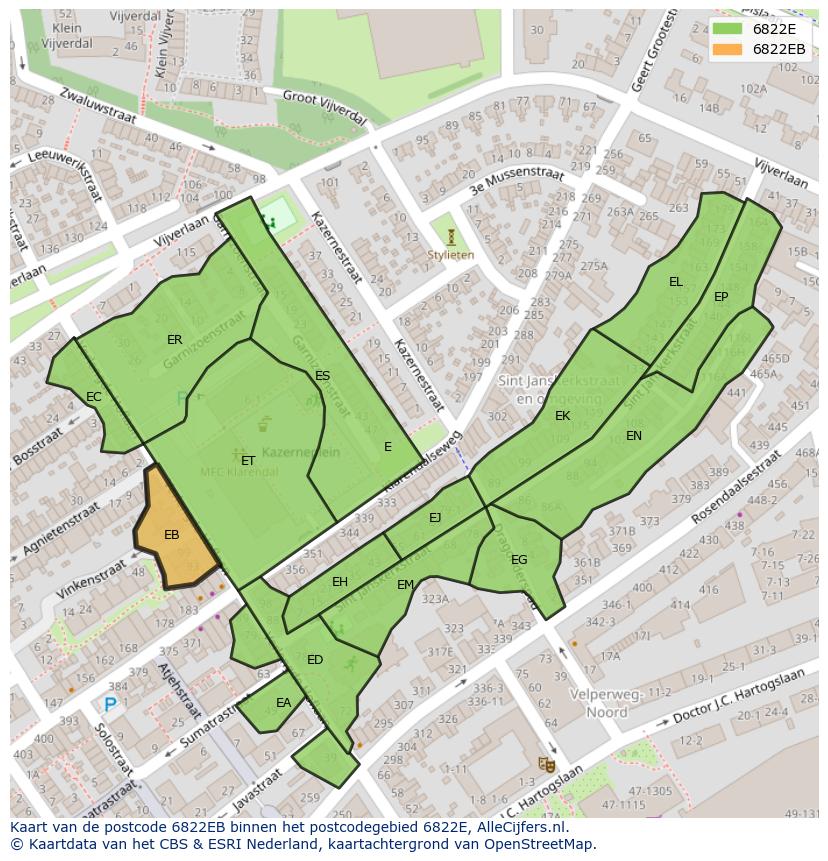 Afbeelding van het postcodegebied 6822 EB op de kaart.