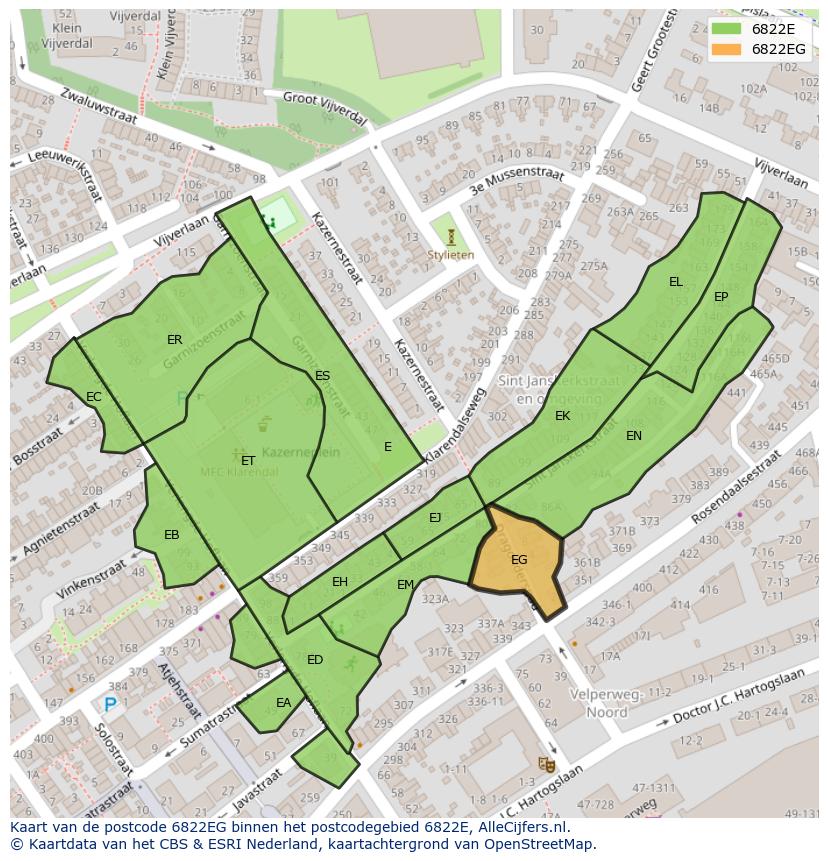 Afbeelding van het postcodegebied 6822 EG op de kaart.
