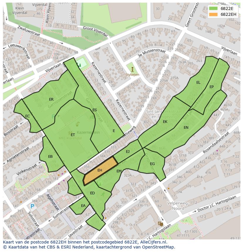 Afbeelding van het postcodegebied 6822 EH op de kaart.