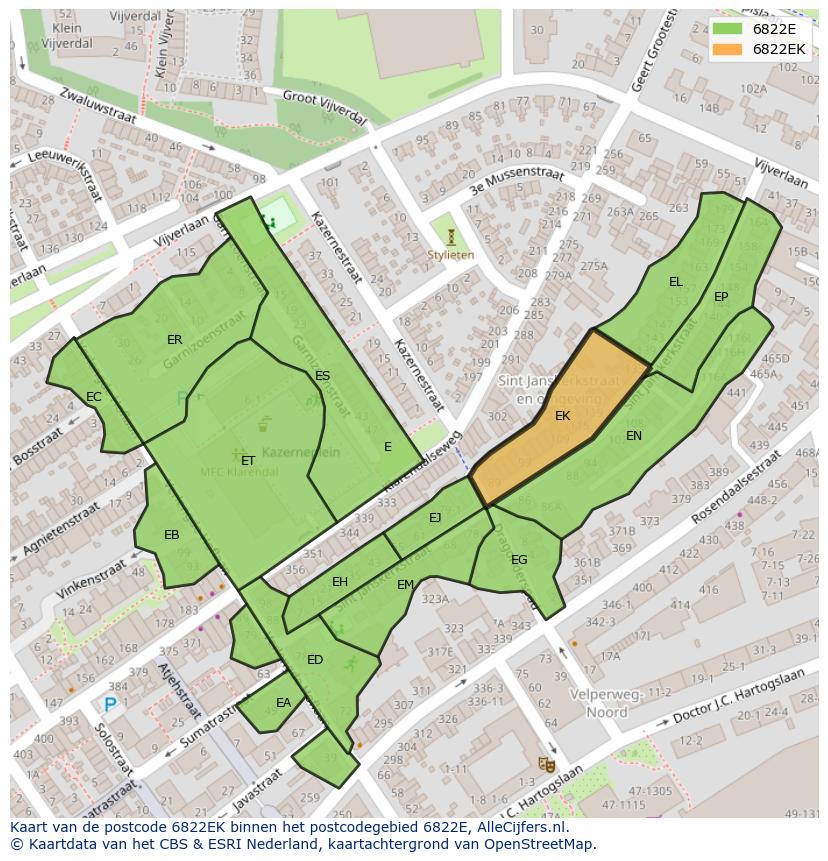 Afbeelding van het postcodegebied 6822 EK op de kaart.