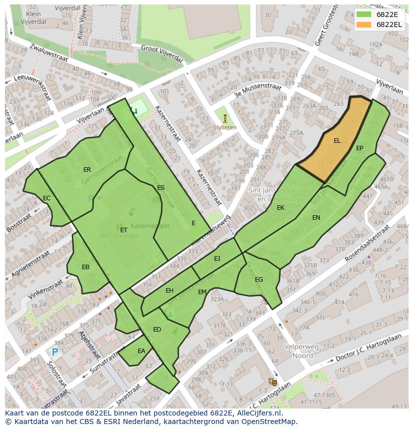 Afbeelding van het postcodegebied 6822 EL op de kaart.