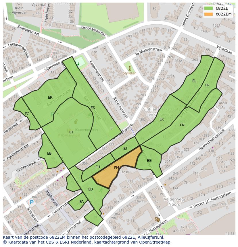Afbeelding van het postcodegebied 6822 EM op de kaart.