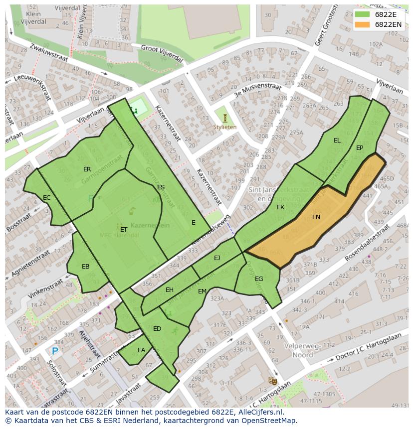 Afbeelding van het postcodegebied 6822 EN op de kaart.
