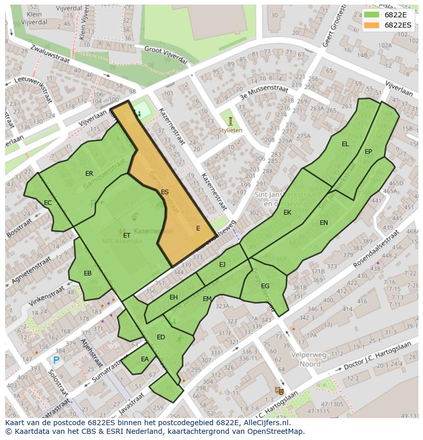Afbeelding van het postcodegebied 6822 ES op de kaart.