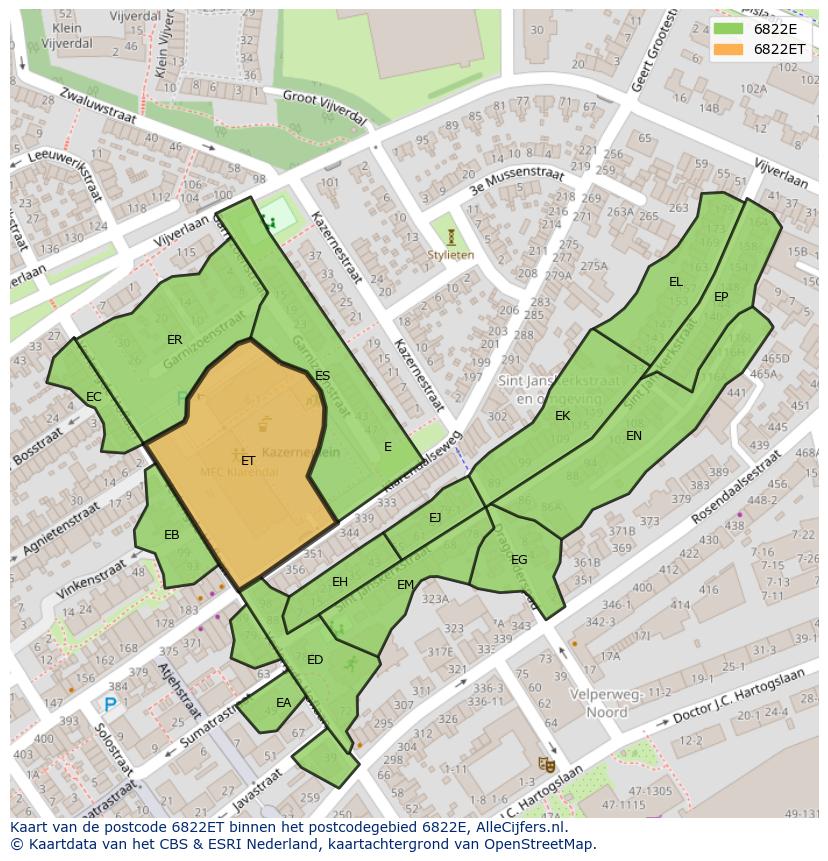 Afbeelding van het postcodegebied 6822 ET op de kaart.