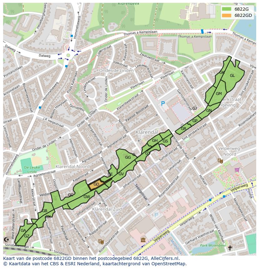 Afbeelding van het postcodegebied 6822 GD op de kaart.