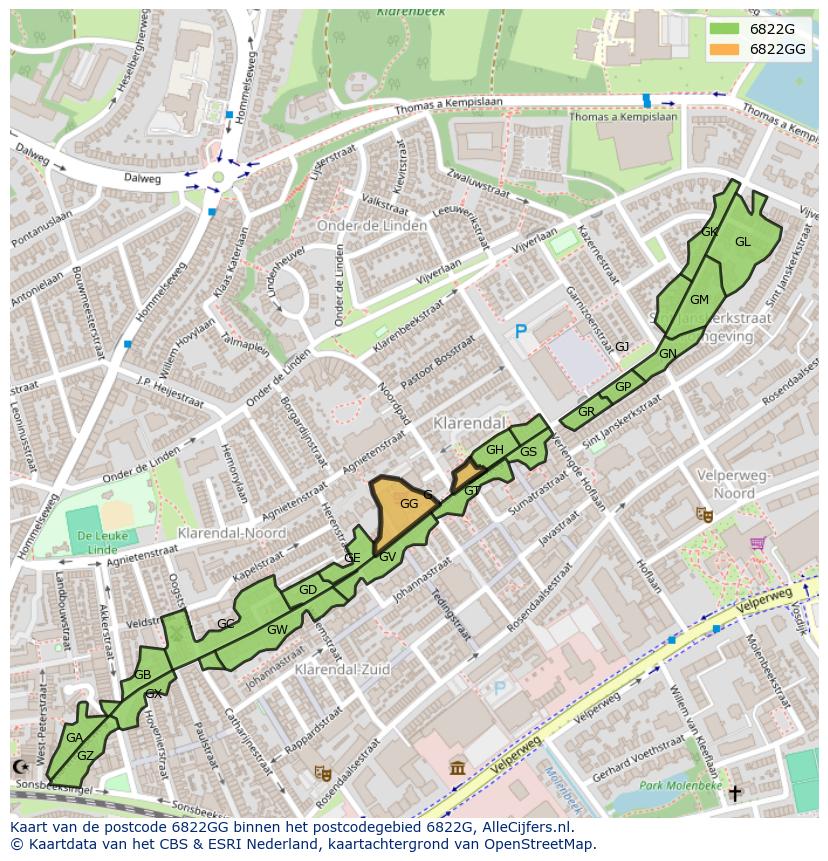 Afbeelding van het postcodegebied 6822 GG op de kaart.